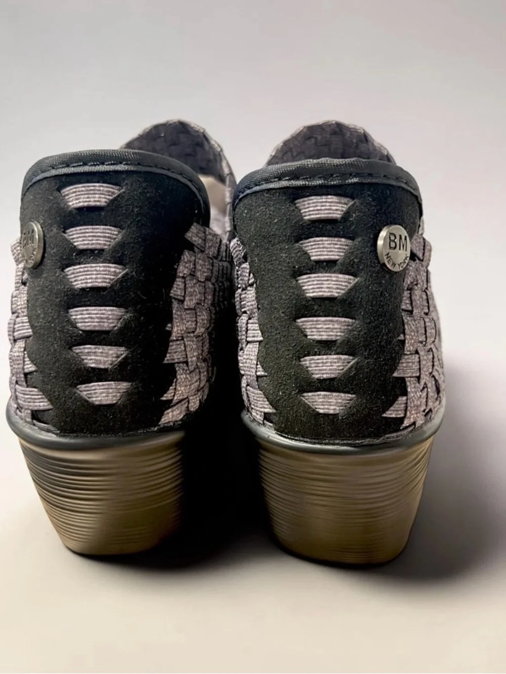 Bernie Mev Lulia Woven Stretch Platform Mary Jane Comfort Wedge Gray and Black